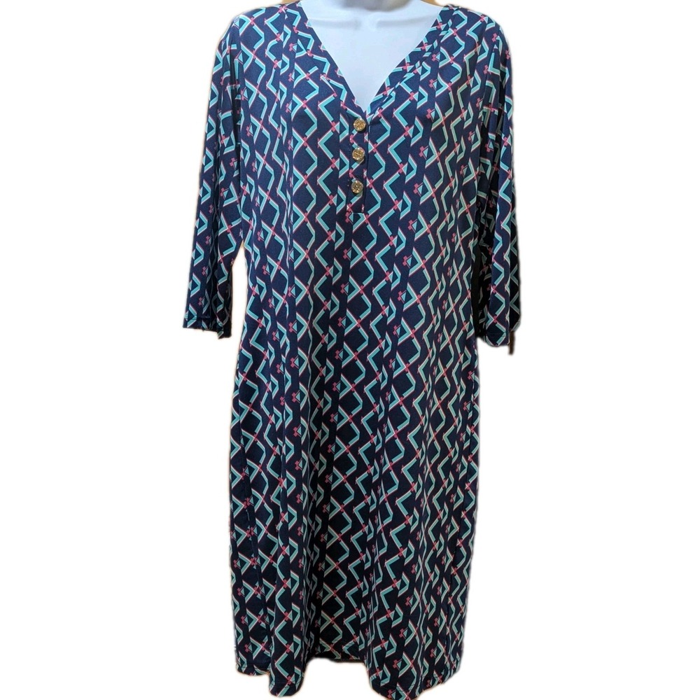 Tracy Negoshian Blue Pink Geometric Design Dress 3/4 Long Sleeve Stretch Shift L